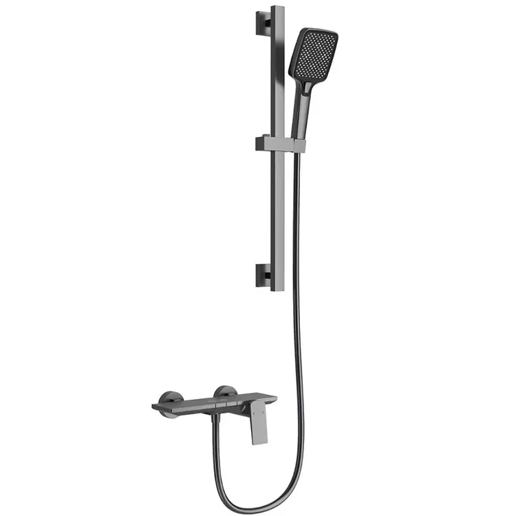 Set Pancuran Mandian Gunmetal Grey Square Dengan Bar Slaid Boleh Laras