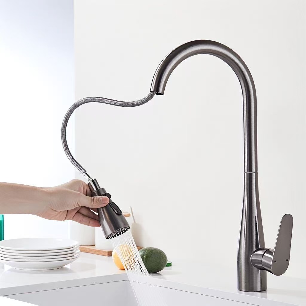 Gunmetal Gray High-Arc Gooseneck Hot And Cold Kitchen Pull-Out Faucet